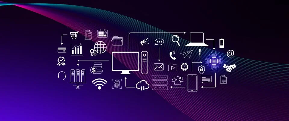 Technology equipment and line interface icons, Computer system resources an.. Stock Photos