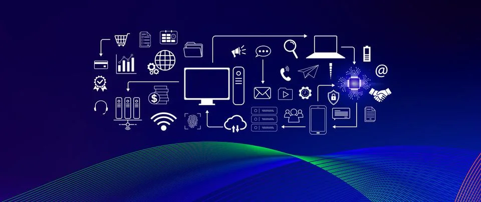 Technology equipment and line interface icons, Computer system resources an.. Stock Photos