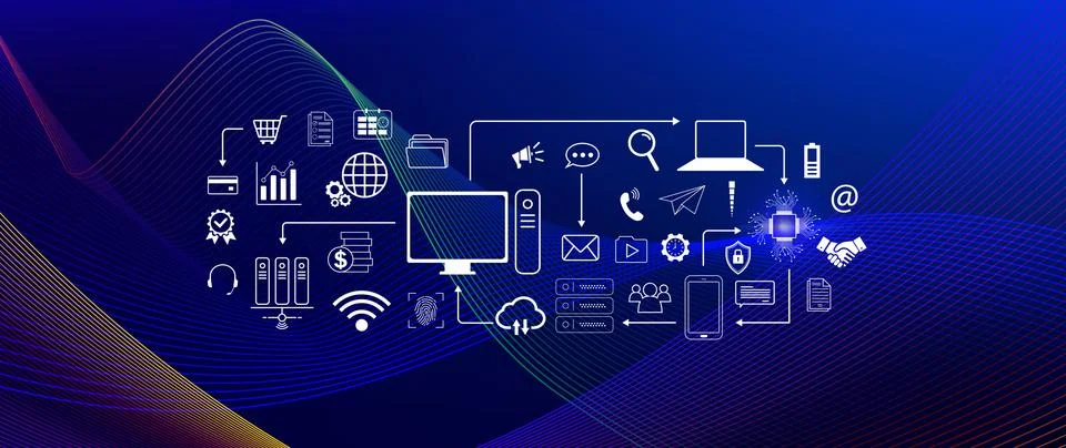 Technology equipment and line interface icons, Computer system resources an.. Stock Photos