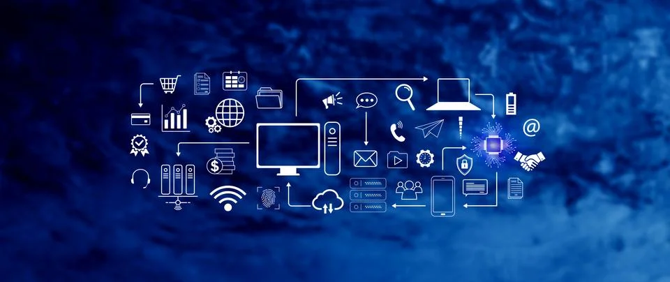 Technology equipment and line interface icons, Computer system resources an.. Stock Photos