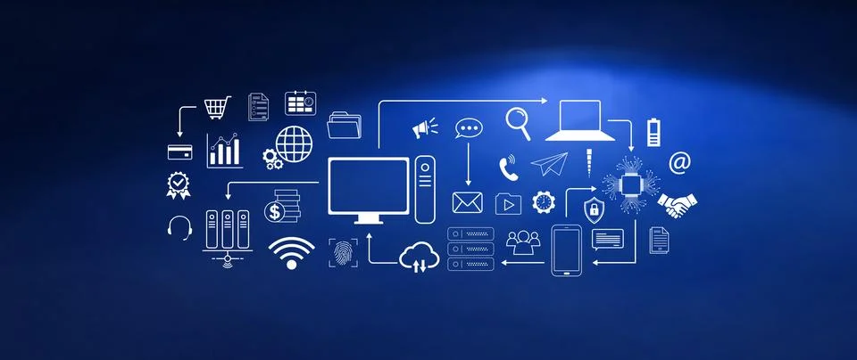 Technology equipment and line interface icons, Computer system resources an.. Stock Photos