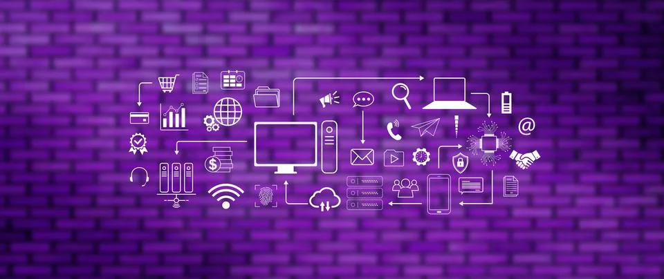 Technology equipment and line interface icons, Computer system resources an.. Stock Photos