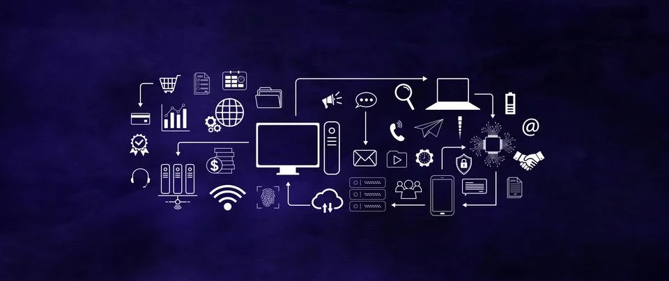 Technology equipment and line interface icons, Computer system resources an.. Stock Photos