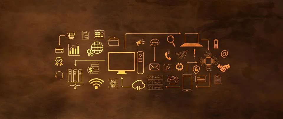 Technology equipment and line interface icons, Computer system resources an.. Stock Photos