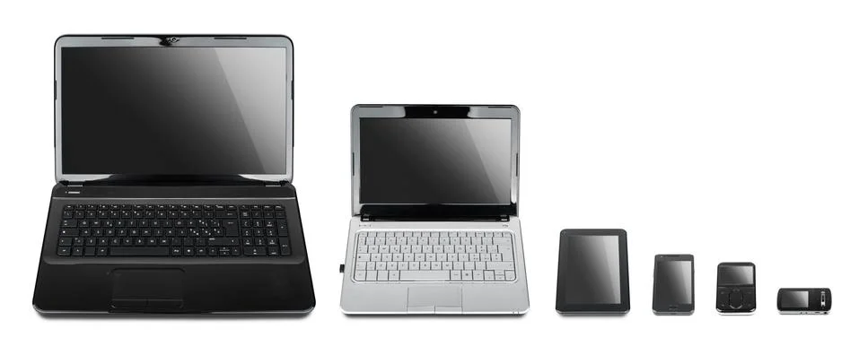 Technology evolution: collection of different kind of mobile devices isolated Stock Photos