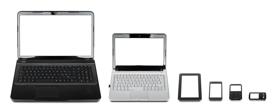 Technology evolution: collection of different kind of mobile devices isolated Stock Photos