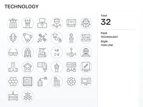 Technology Exclusive Vector Set featuring 32 Thin Line Pixel Aligned 128x12.. Stock Illustration