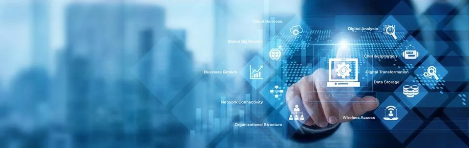 Technology executive analyzing digital data pointing hand at Digitization s.. Stock Photos