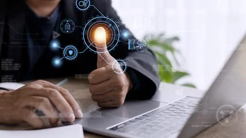 Technology fingerprint scan provides security. digital transformation chang.. Stock Photos