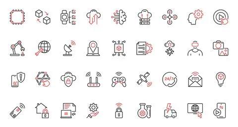 Technology of future trendy red black thin line icons set, modern innovations Stock Illustration