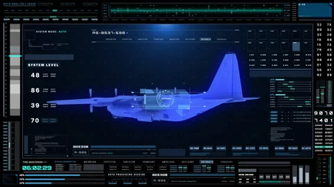 Technology futuristic military jet wireframe on tactical HUD system panel Stockbeeldmateriaal 335582953