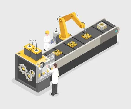 Technology gadget assembly line, manufacturing process. Engineers working on Illustrazione stock