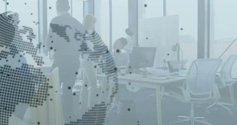 Technology globe and code streams overlaying office colleagues pointing at Stock Footage 311916370