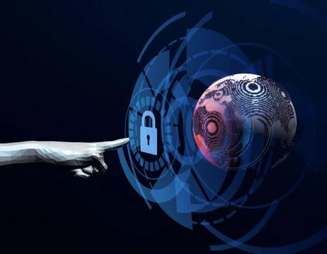 Technology globe with lock, finger and security protection Illustrazione stock