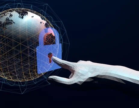 Technology globe with lock, finger and security protection Illustrazione stock