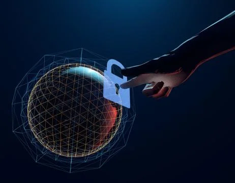Technology globe with lock, finger and security protection Illustrazione stock