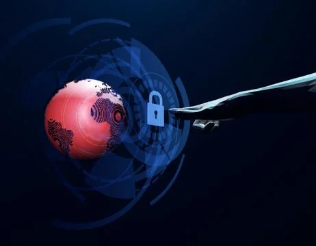 Technology globe with lock, finger and security protection 스톡 일러스트