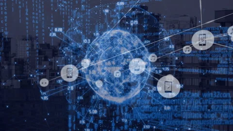 Technology globe showing network nodes with smartphone, chat icons and data Stock Footage 308677049