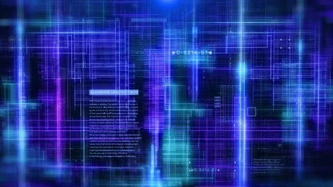 Technology glow grid stream line data communications with HUD system analysis Stock Footage 254093169