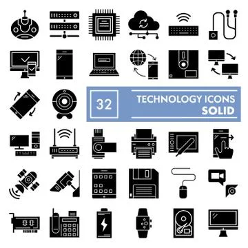 Technology glyph icon set, device symbols collection, vector sketches, logo Stock Illustration