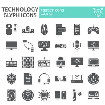 Technology glyph icon set, devices symbols collection, vector sketches, logo Stock Illustration