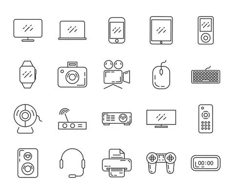 Technology gray icon set isolated on white background. Outline style. Vector  Stock Illustration