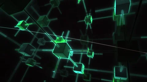 Technology Green Glowing Digital Cube Network Grid Motion Background Stock Footage 343770373
