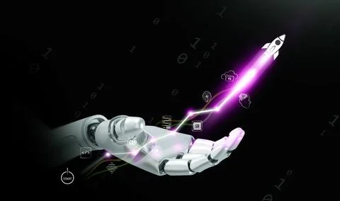 Technology growth concept. A robotic hand supports a data chart and a risin.. 스톡 일러스트