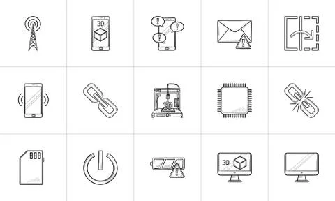 Technology hand drawn outline doodle icon set. Stock Illustration