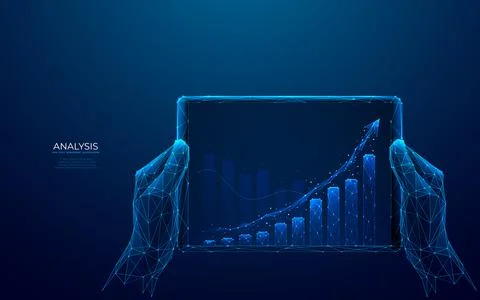 Technology hands holding tablet with growth histogram. Stock Illustration