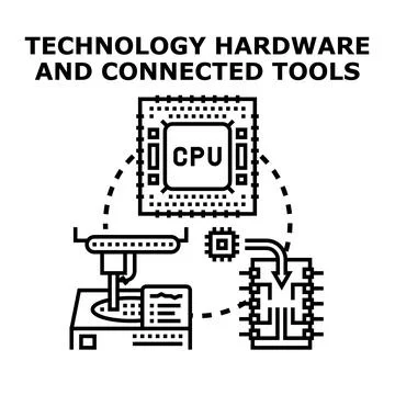 Technology hardware and connected tools processing data Illustrazione stock