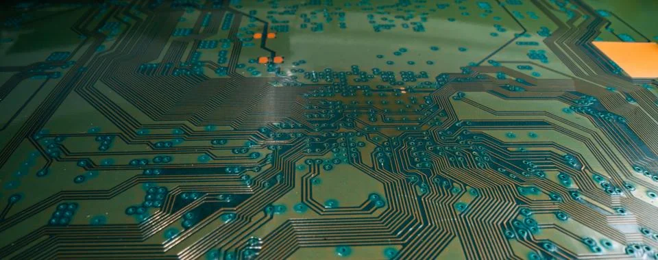 Technology hardware background. High tech electronic circuit board background Foto stock