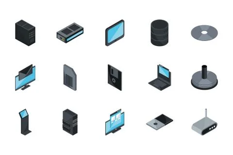 Technology hardware device computer icons set isometric Illustrazione stock