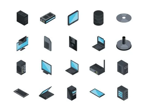 Technology hardware device computer icons set isometric Stock Illustration