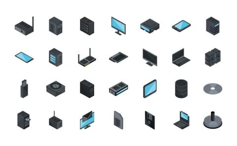 Technology hardware device computer icons set isometric Stock Illustration