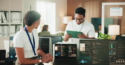Technology, high five and team of business people in office with coding project Stock Footage 329823292