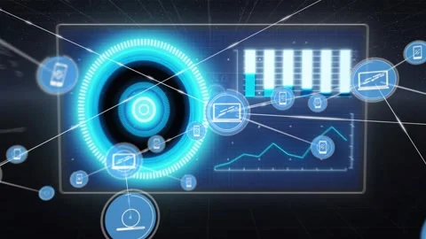 Technology hub assembling, activating for analytics, single blue icon initiating Stock Footage 331046030
