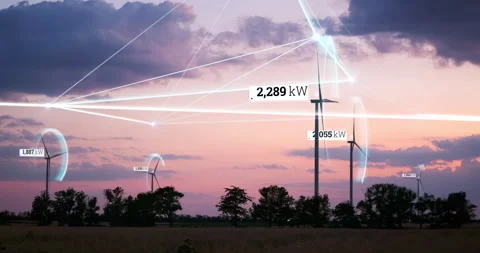 Technology hud graphics 3d AR animation, generating green energy, wind turbines 動画素材 189264024