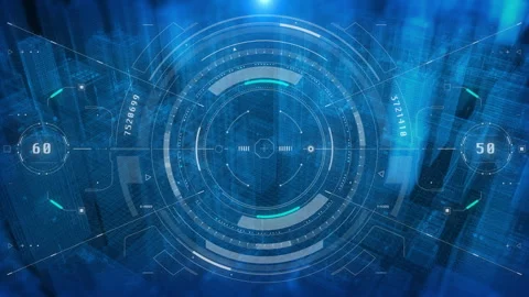 Technology HUD Screen Data Tracker Aerial View Fly Through Stock Footage 308911179