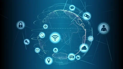 Technology Icon Network Symbol Digital devices D Rotate1 B Big Inv Blue Earth Stock Footage 141497914
