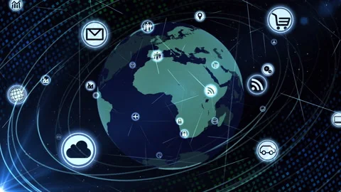 Technology Icon Network World Internet Digital devices on Space Earth 6Mc Stock Footage 141078163