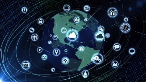 Technology Icon Network World Internet Digital devices on Space Earth 6Rb 스톡 동영상 141080034