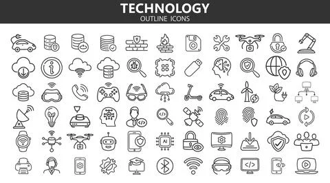 Technology icon set, outline style. Vector illustration Stock Illustration