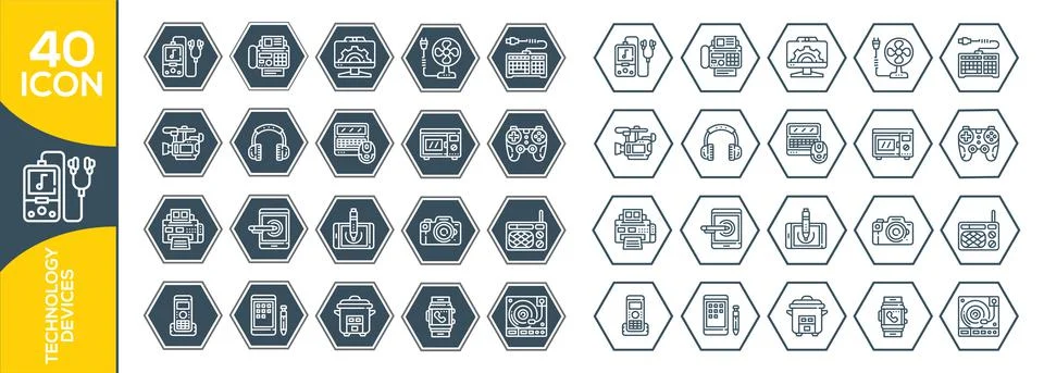 Technology icon set, outline style.set of technology icon set, such as robot, Illustrazione stock