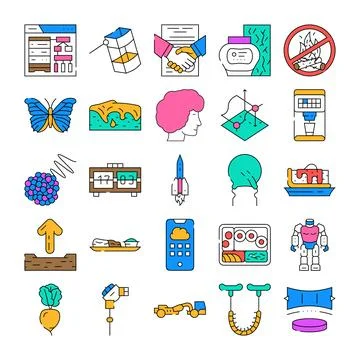 Technology icons collection featuring robot butterfly and digital elements 스톡 일러스트