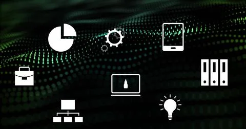 Technology icons image over digital green and black dotted background Stock Photos