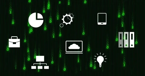 Technology icons including pie chart and light bulb over binary code animation Stock Footage 329032252