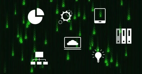 Technology icons including pie chart and light bulb over binary code image Stock Illustration