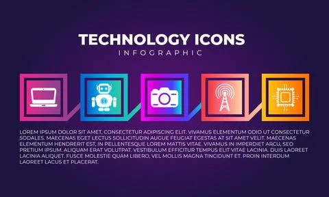 Technology icons laptop, robot, camera, wifi tower, computer chip set. Info.. Stock-Illustration