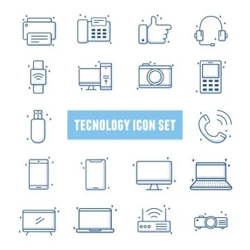 Technology icons set printer computer smartphone laptop mobile telephone line Stock Illustration